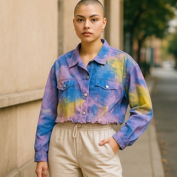 Jackets & Blazers - Vintage Fringe Denim Cropped Tie-Dye Jacket - Size Medium